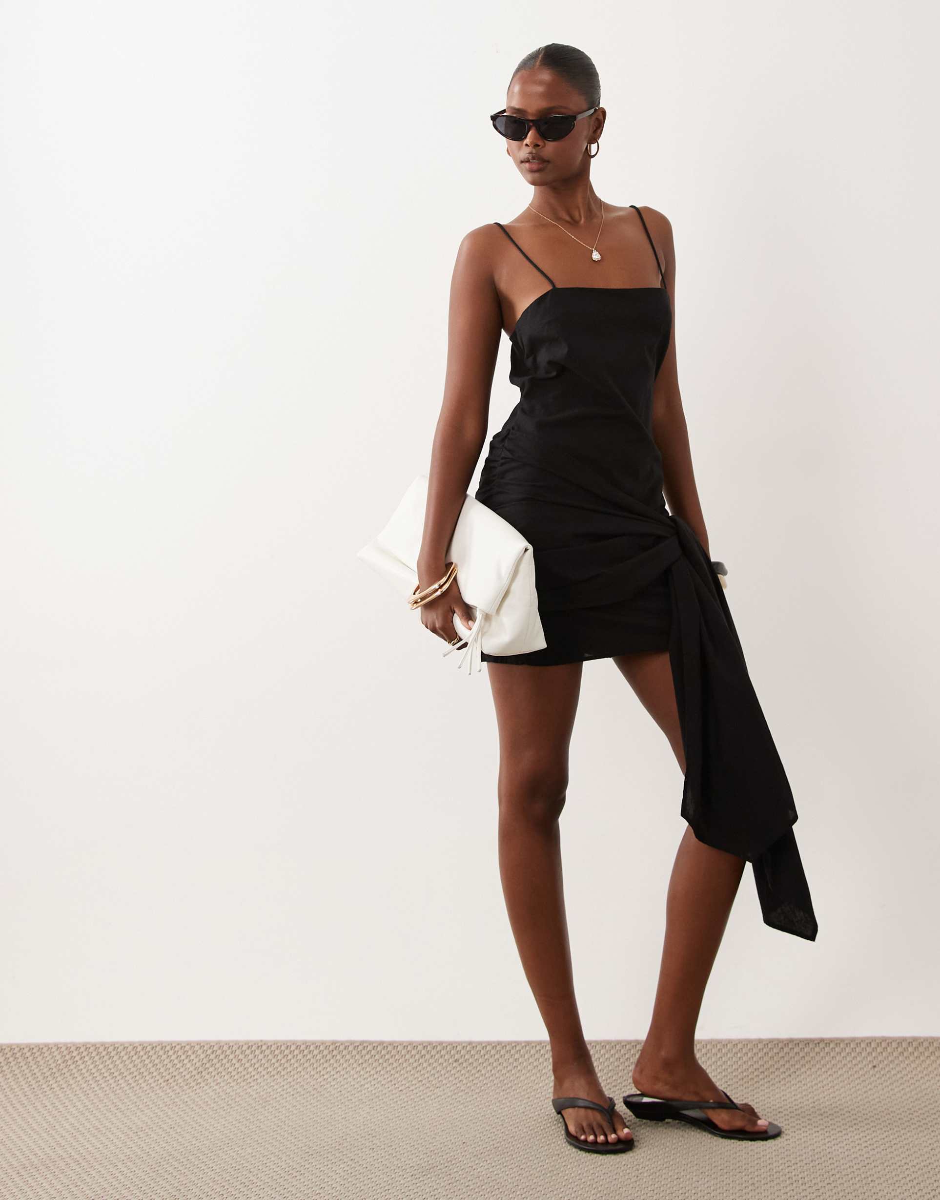 asos design cotton-linen blend sarong wrap mini sundress in black