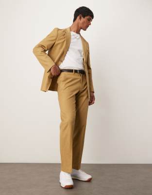 cotton linen blend straight leg suit pants in camel twill-Neutral