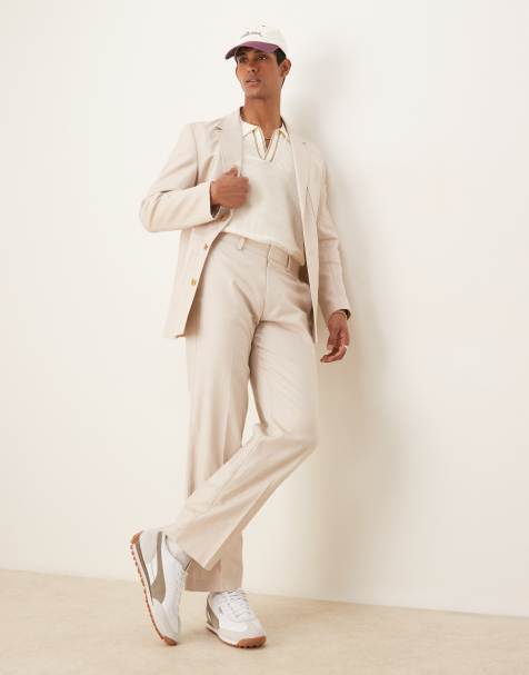 ASOS DESIGN cotton linen blend straight leg suit pants in stone twill - view 1