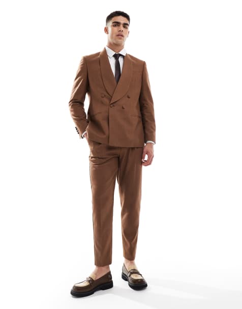 ASOS DESIGN cotton linen blend tapered suit pants in brown - view 1