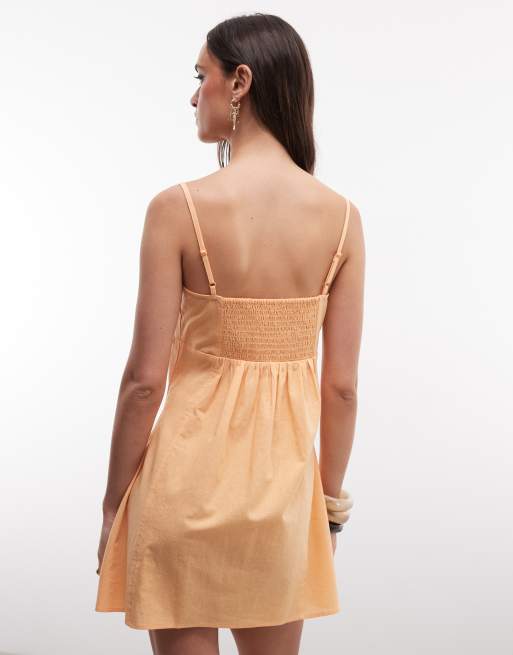 ASOS DESIGN cotton linen cami mini sundress with shaped bust in orange spritz, 2 of 4