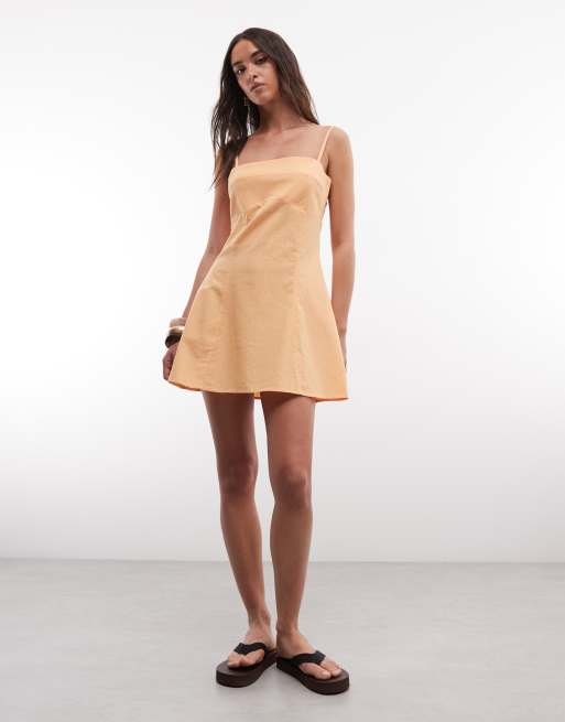 ASOS DESIGN cotton linen cami mini sundress with shaped bust in orange spritz, 3 of 4
