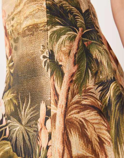 ASOS DESIGN cotton linen cami mini sundress with shaped bust in tropical palm print, 3 of 4