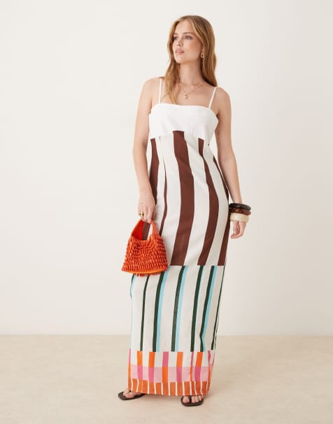 ASOS DESIGN cotton linen color block cami maxi dress in mixed stripe - view 1