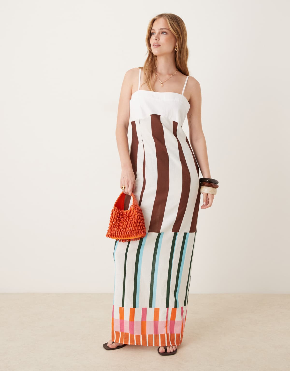 ASOS DESIGN cotton linen colour block cami maxi dress in mixed stripe