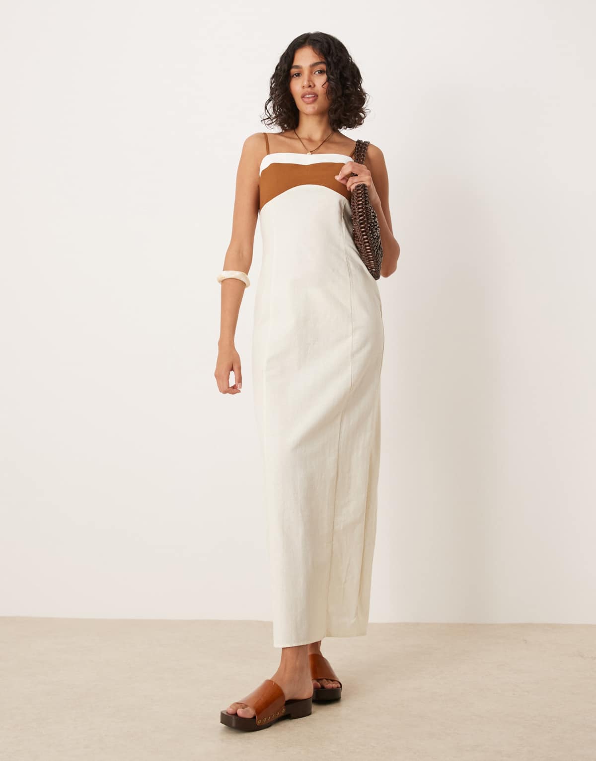 ASOS DESIGN cotton linen colour block cami maxi dress in neutral colour block
