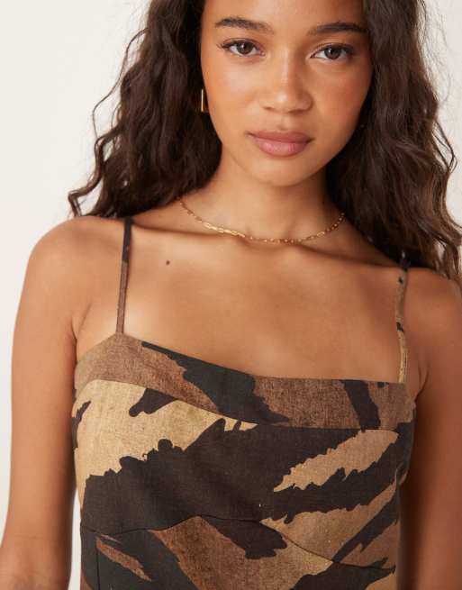 ASOS DESIGN cotton linen colour block cami mini dress in blown out tiger print, 3 of 4