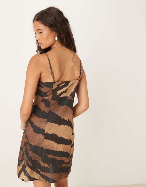 ASOS DESIGN cotton linen colour block cami mini dress in blown out tiger print, 4 of 4