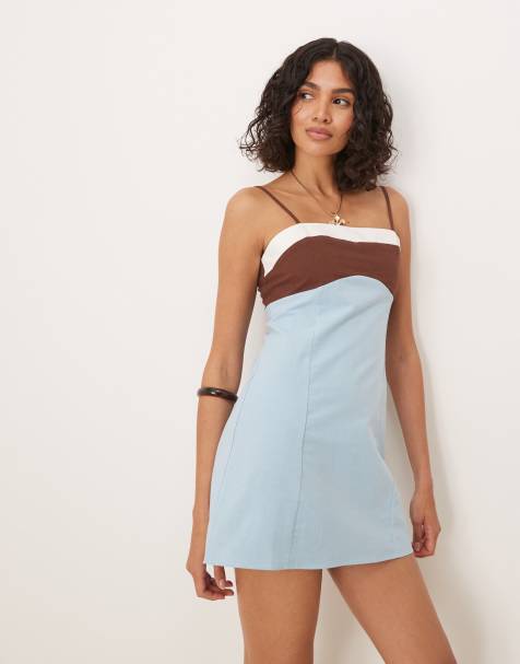 ASOS DESIGN cotton linen colour block cami mini dress in blue colour block - view 1