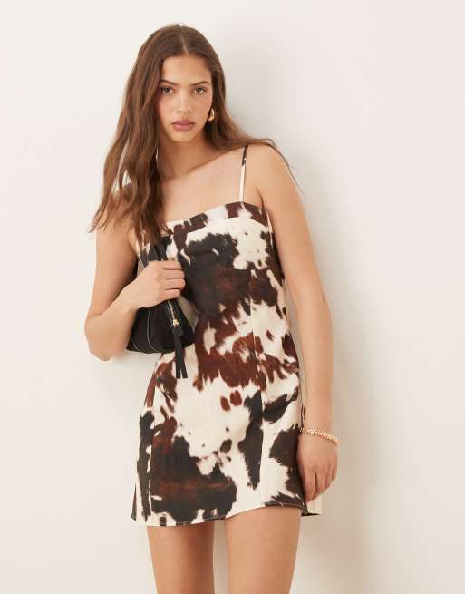 ASOS DESIGN cotton linen colour block cami mini dress in cow print, 3 of 4