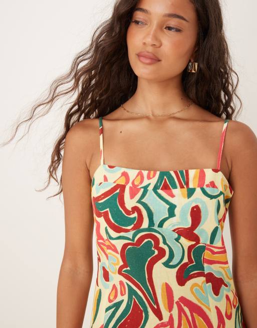 ASOS DESIGN cotton linen colour block cami mini dress in muted swirl print, 3 of 4