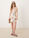 [ASOS DESIGN] ASOS DESIGN cotton linen colour block cami mini dress in postcard print-Multi 6 Postcard print