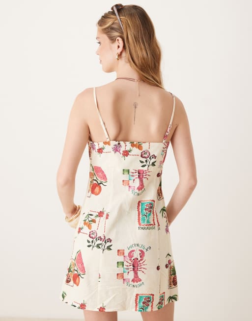 ASOS DESIGN cotton linen colour block cami mini dress in postcard print, 3 of 4