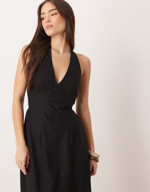 ASOS DESIGN cotton linen halter neck midi sundress with sculpted bust in black , 3 of 4