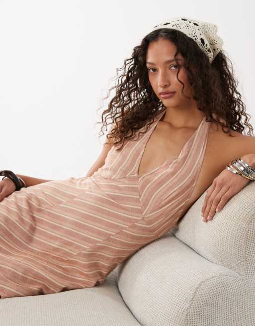 ASOS DESIGN cotton linen halter neck mini sundress with sculpted bust in stripe, 3 of 4