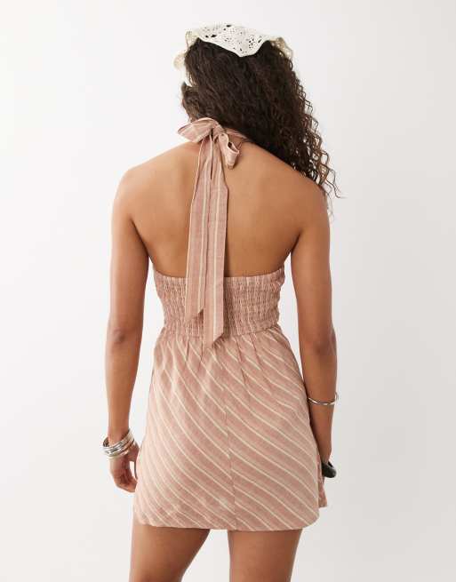 ASOS DESIGN cotton linen halter neck mini sundress with sculpted bust in stripe, 4 of 4