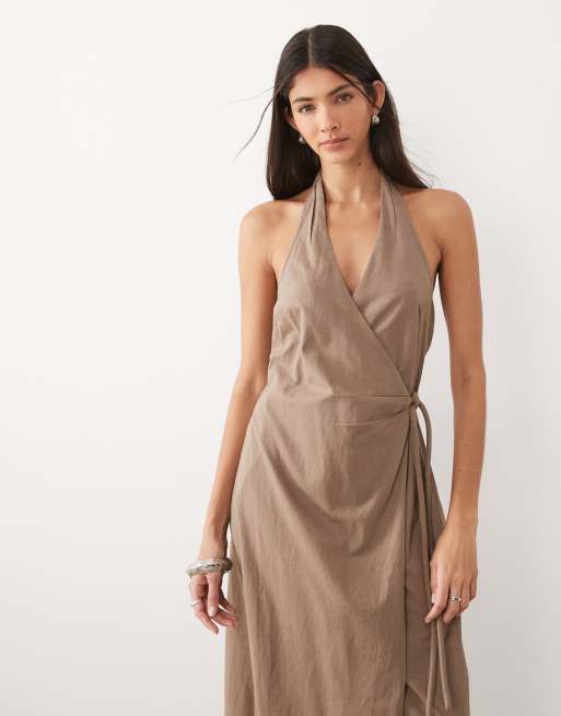 ASOS DESIGN cotton linen halter neck wrap maxi sundress ashy brown , 2 of 4