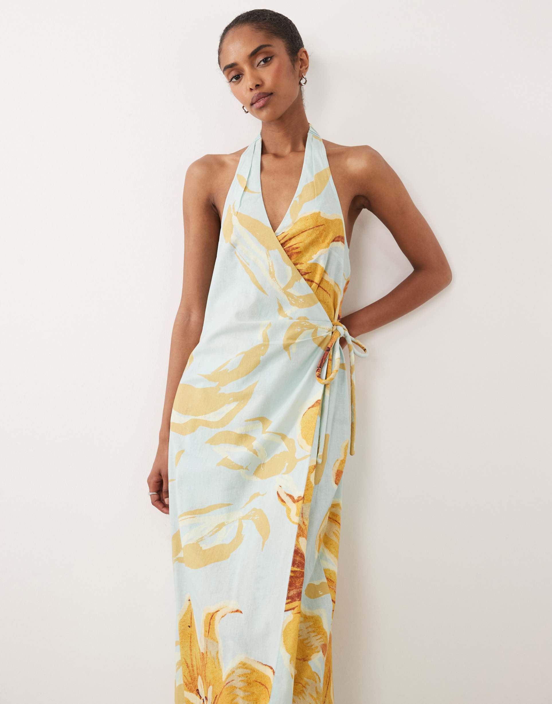 asos design cotton linen halter neck wrap maxi sundress blue & yellow floral