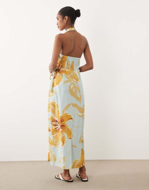 ASOS DESIGN cotton linen halter neck wrap maxi sundress blue & yellow floral , 4 of 4