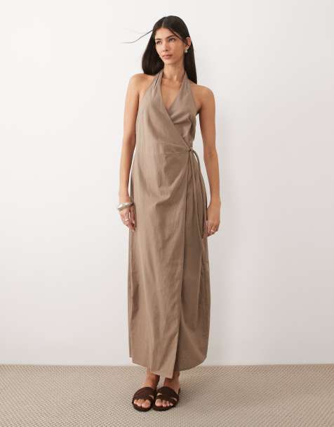 ASOS DESIGN cotton linen halter neck wrap maxi sundress in ashy brown - view 1