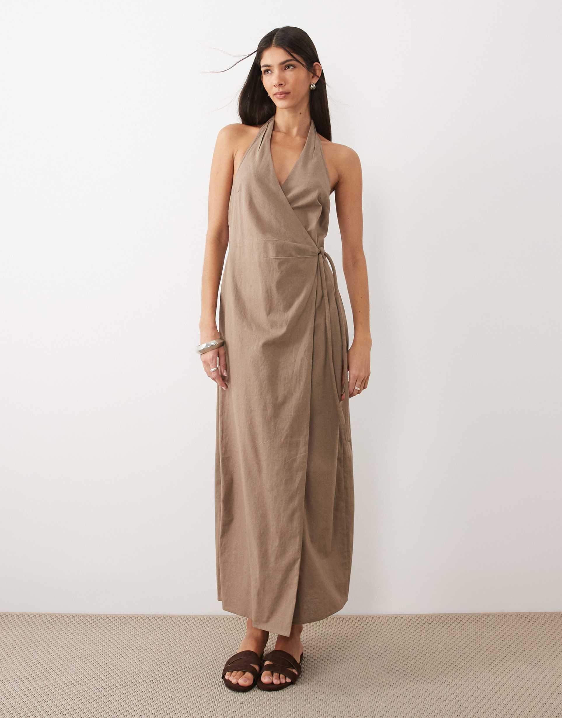 asos design cotton-linen halter neck wrap maxi sundress in ashy brown