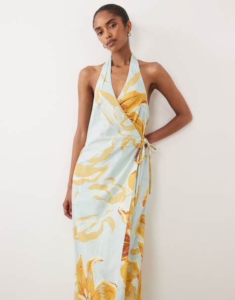 ASOS DESIGN cotton linen halter neck wrap maxi sundress in blue & yellow floral - view 1