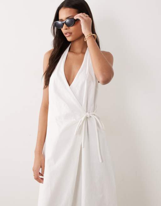 ASOS DESIGN cotton linen halter neck wrap maxi sundress in cream , 3 of 4