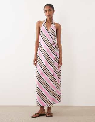 ASOS DESIGN cotton linen halter neck wrap maxi sundress in pink stripes