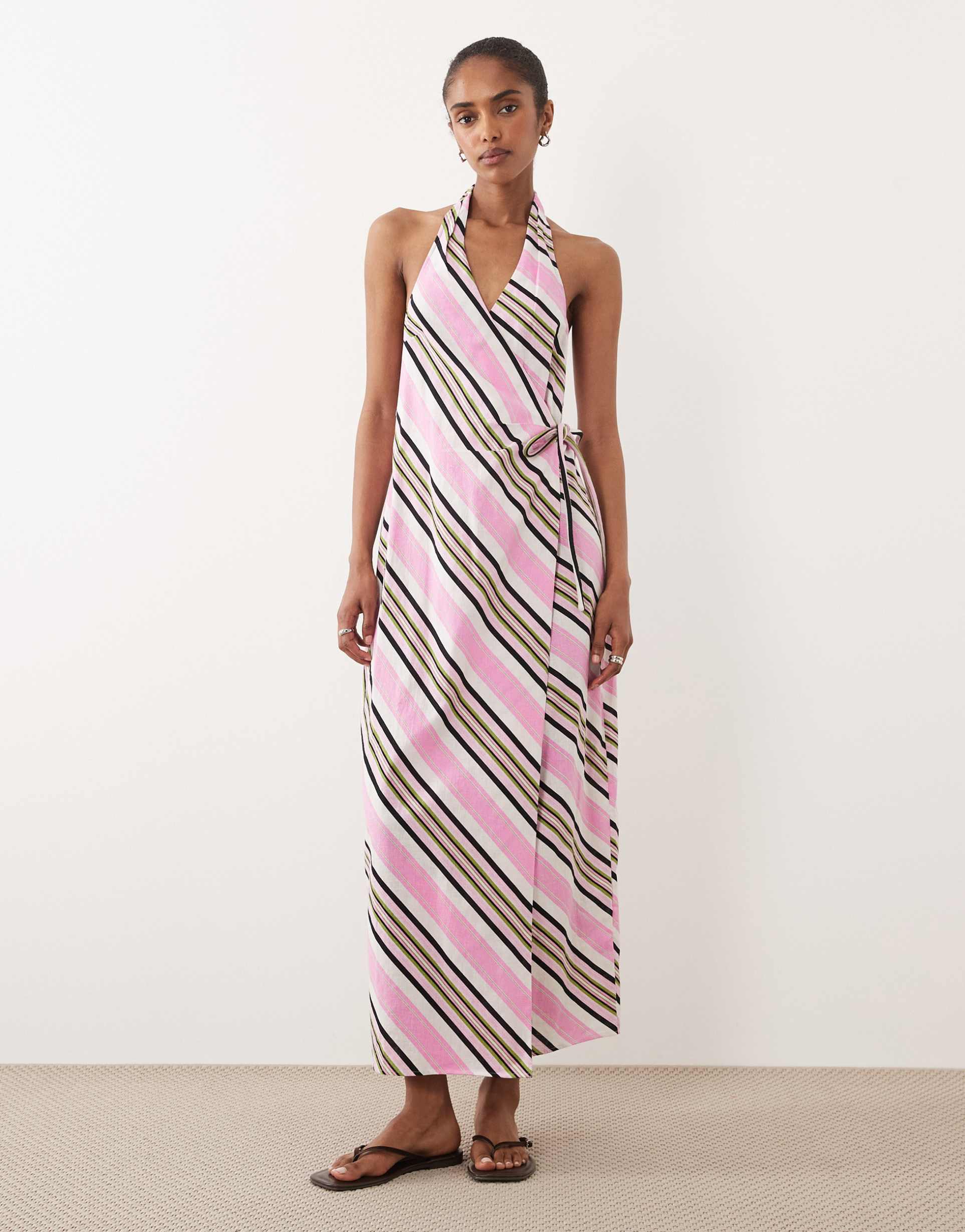 asos design cotton linen halter neck wrap maxi sundress in pink stripes