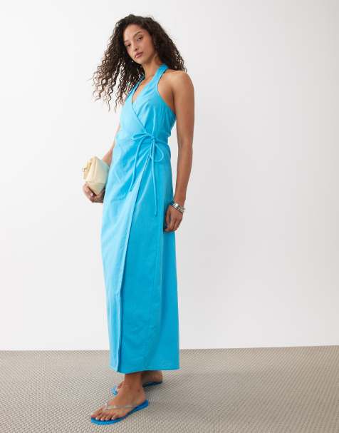 ASOS DESIGN cotton linen halter neck wrap maxi sundress in turquoise - view 1