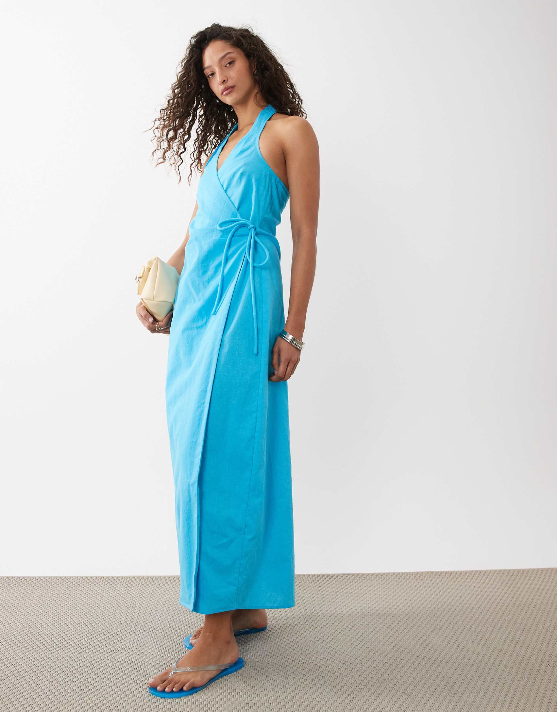 asos design cotton linen halter neck wrap maxi sundress in turquoise