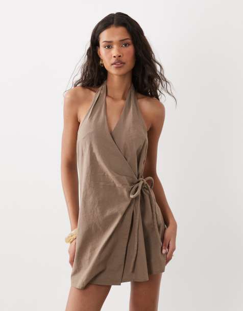ASOS DESIGN cotton linen halter neck wrap mini sundress in ashy brown - view 1
