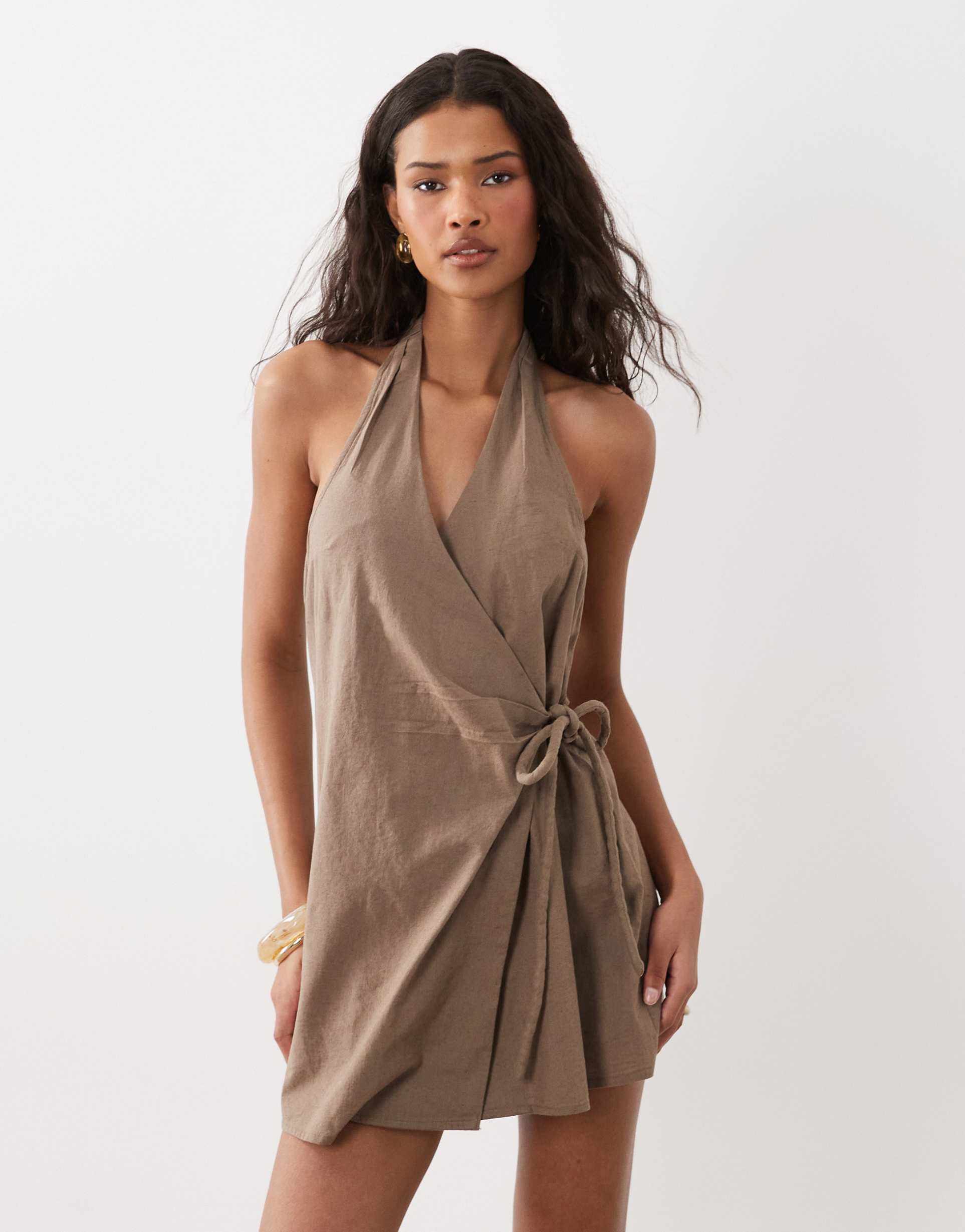 asos design cotton linen halter neck wrap mini sundress in ashy brown