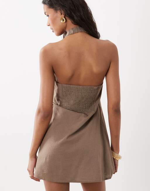 ASOS DESIGN cotton linen halter neck wrap mini sundress in ashy brown , 4 of 4
