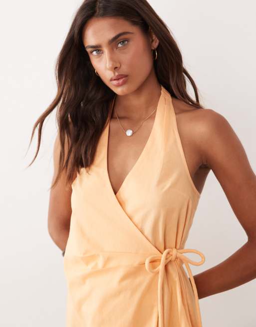 ASOS DESIGN cotton linen halter neck wrap mini sundress in orange spritz , 3 of 4