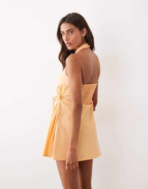 ASOS DESIGN cotton linen halter neck wrap mini sundress in orange spritz , 4 of 4