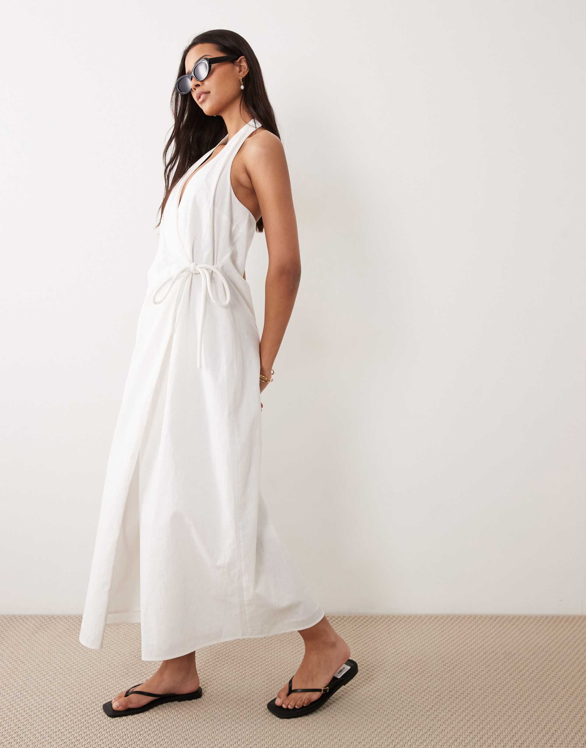 asos design cotton linen halterneck wrap maxi sundress in cream