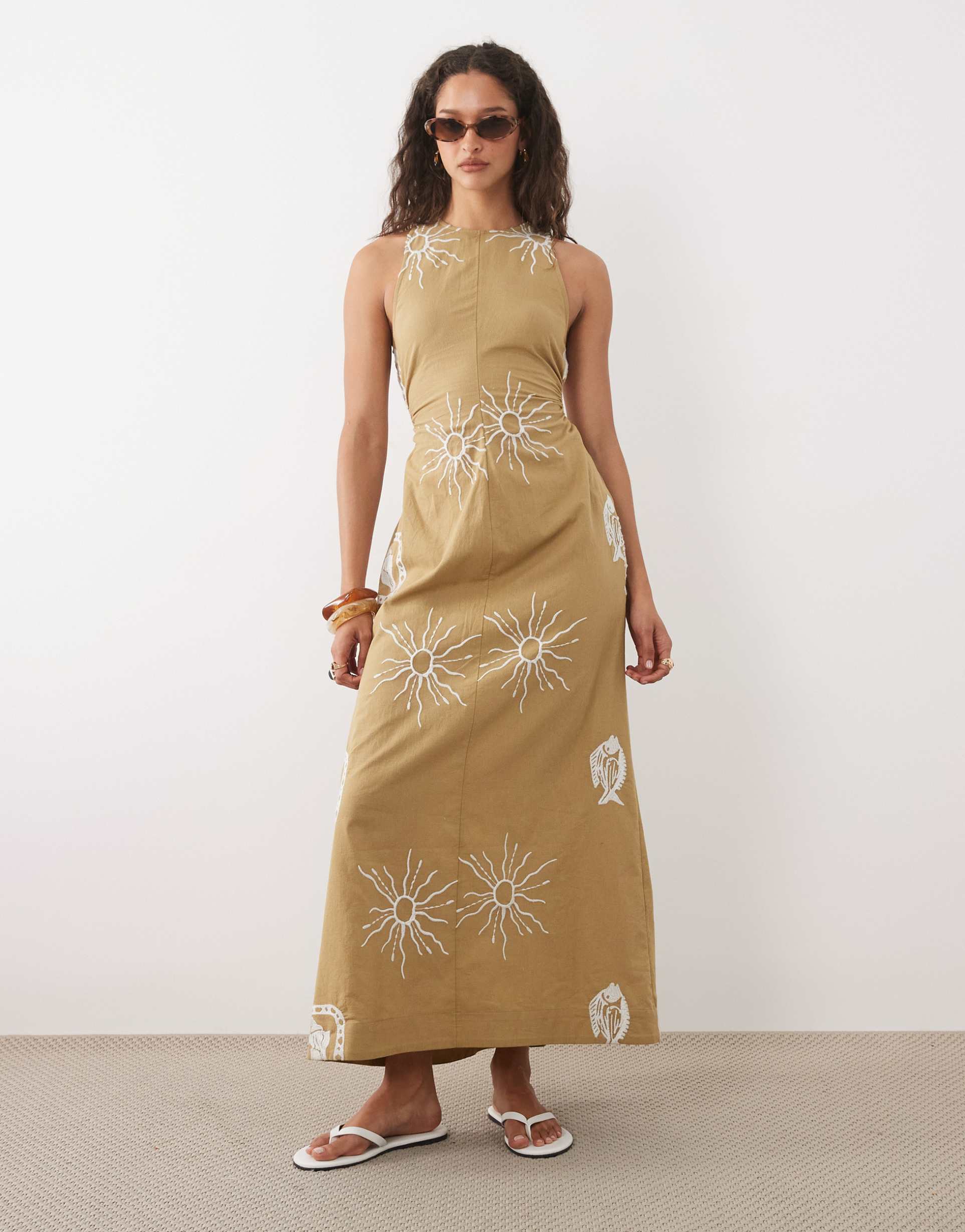 asos design cotton linen maxi dress in stone with cream sea embroidery