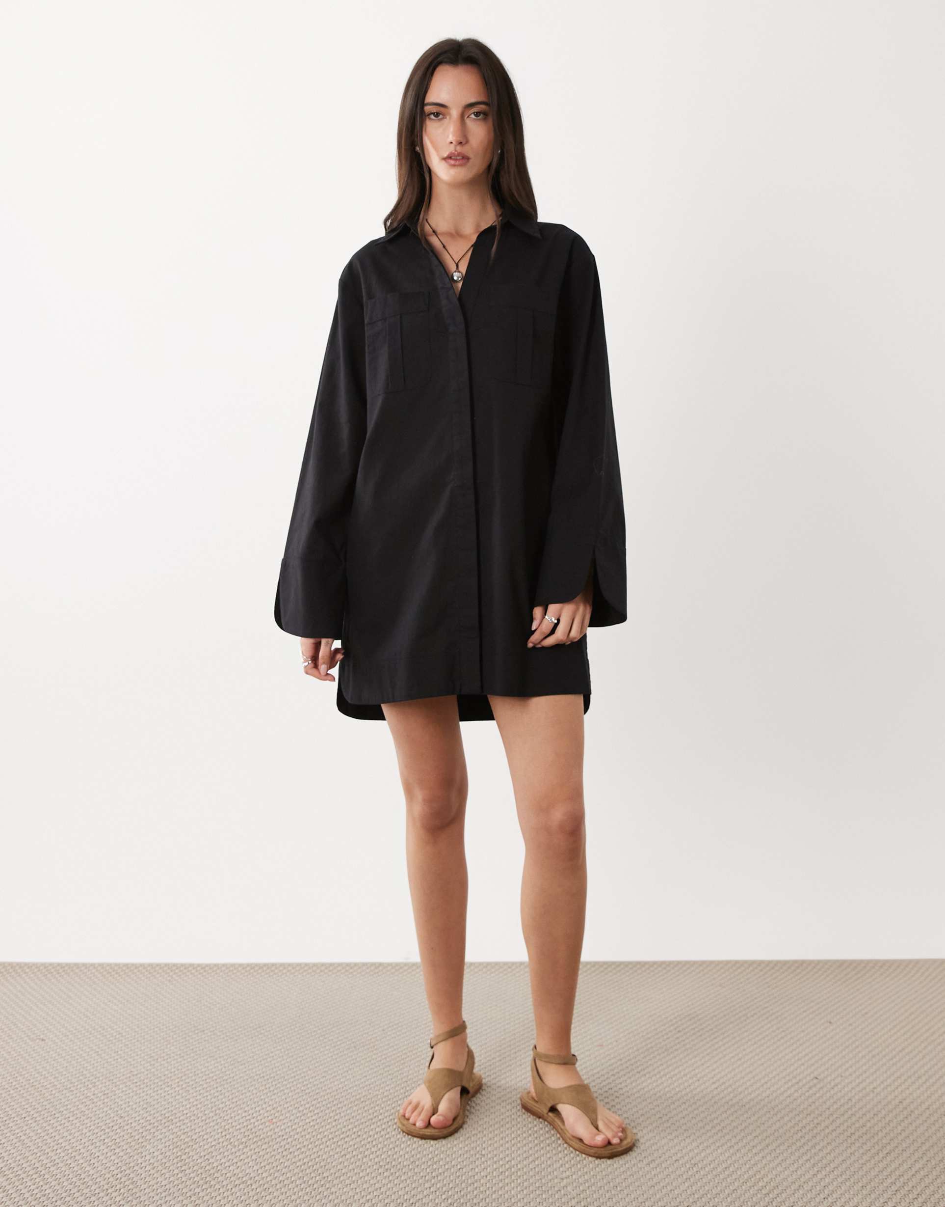 asos design cotton linen mini shirt dress with wide cuffs and oversized pockets in black