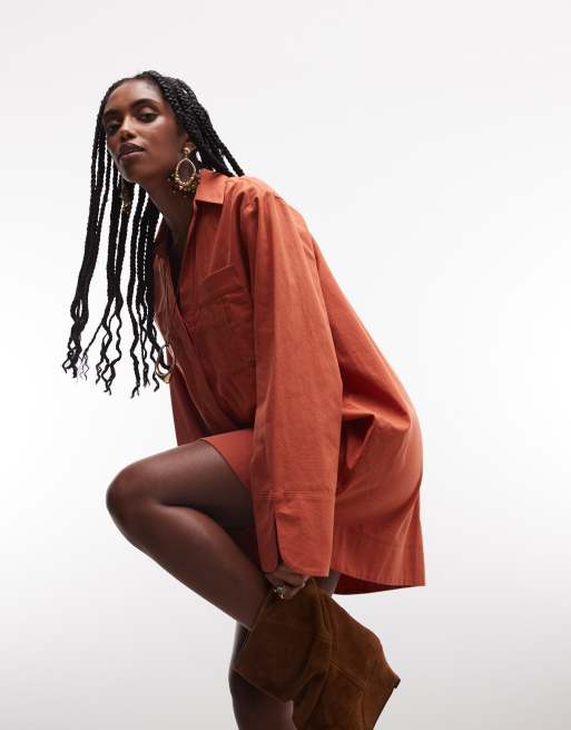 ASOS DESIGN cotton linen mini shirt dress with wide cuffs and oversized pockets in rust, 3 of 4