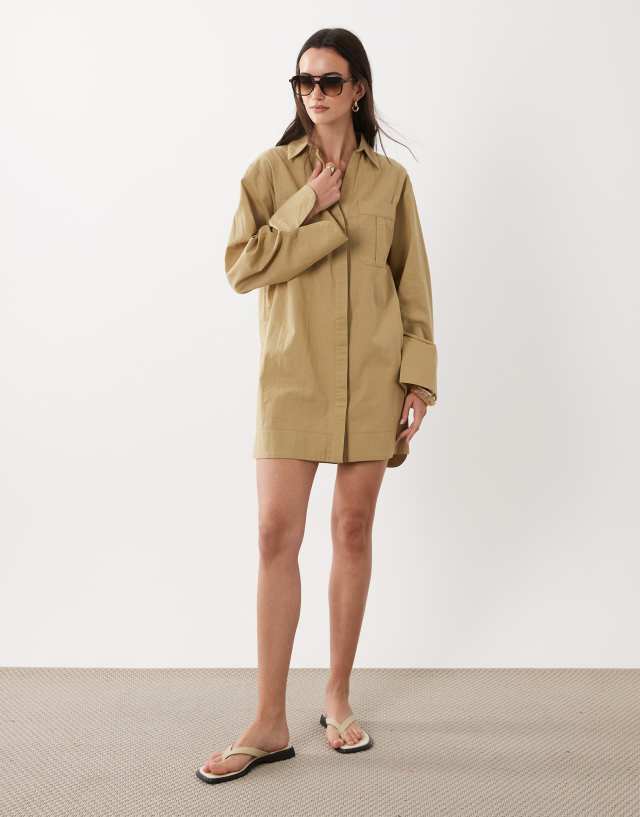 ASOS DESIGN cotton linen mini shirt dress with wide cuffs and oversized pockets in stone