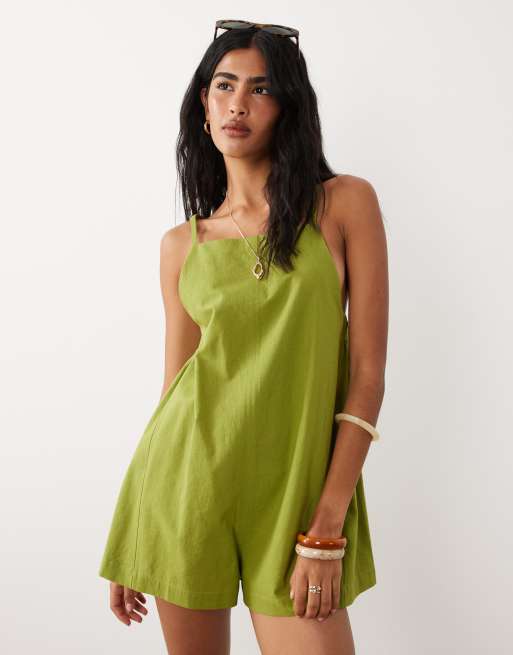 ASOS DESIGN cotton linen pinny playsuit in olive green, 3 of 4