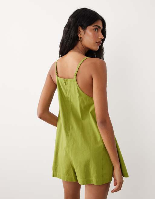 ASOS DESIGN cotton linen pinny playsuit in olive green, 4 of 4