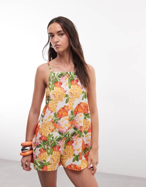 ASOS DESIGN cotton linen pinny playsuit in orange floral print, 2 of 4