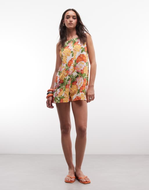 ASOS DESIGN cotton linen pinny playsuit in orange floral print, 4 of 4