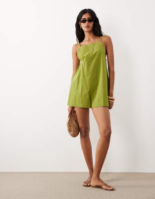 Asos Design Cotton Linen Pinny Romper In Green