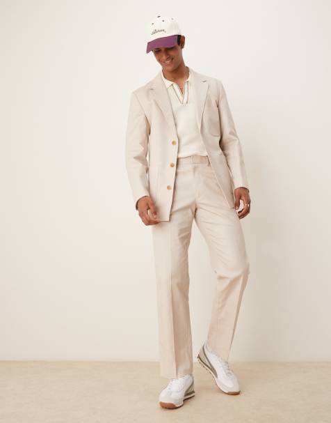 ASOS DESIGN cotton-linen regular blend suit in stone twill - view 1