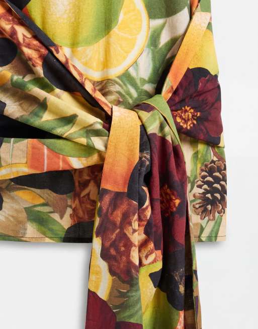 ASOS DESIGN cotton linen sarong wrap mini dress vintage floral print, 8 of 8