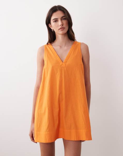 ASOS DESIGN cotton linen  v neck smock midi dress in orange - ORANGE - view 1