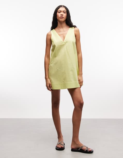 ASOS DESIGN cotton linen  v neck smock mini dress in lime - LGREEN - view 1